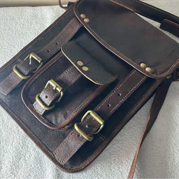 Handmade Brown Genuine Goat Leather Messenger Satchel Bag 9” adjustable Strap - Picture 2 of 5